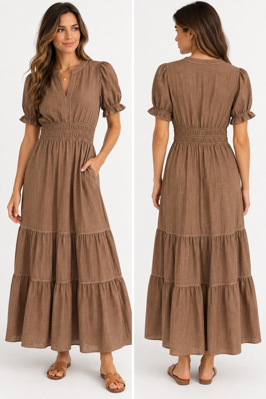 Max Studio London Brown Tiered Maxi Dress Size L NWT Puff Sleeve Smocked Waist